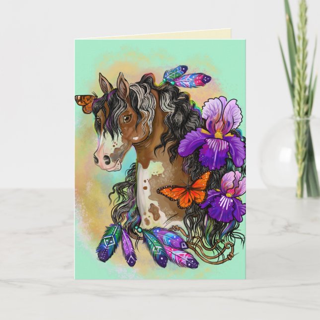 Tarjeta Pintar caballo Mustang con iris y mariposas (Anverso)