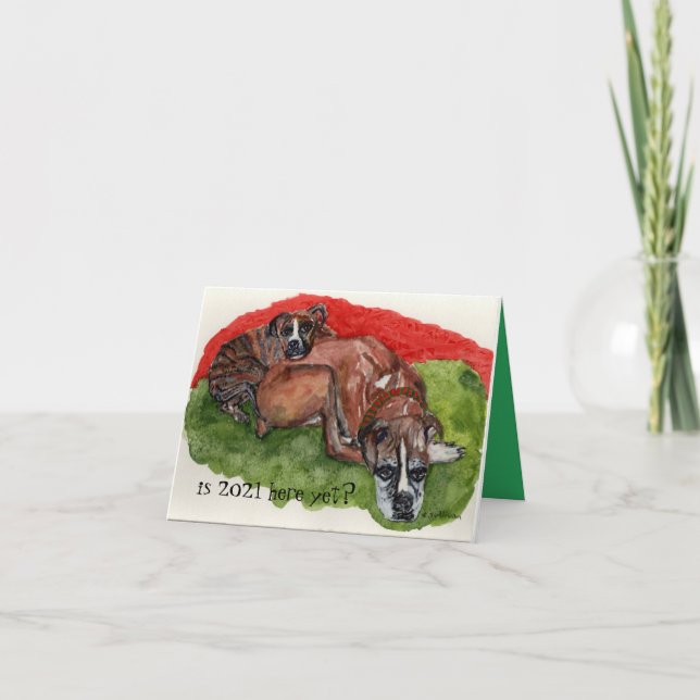 Tarjeta pintura acuarela Xmas Boxers, mensaje caprichoso (Anverso)