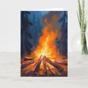 Tarjeta Pintura al Acuarela del Bosque con Fogata