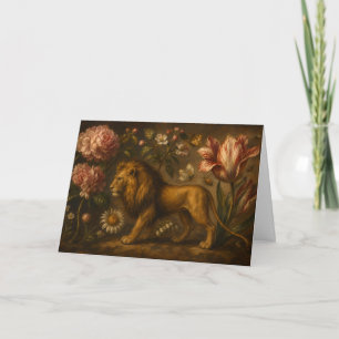 Tarjeta Pintura al óleo de león y jardín botánico vintage