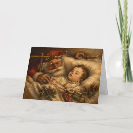 Tarjeta Pintura al óleo vintage de Santa Claus en la cama 