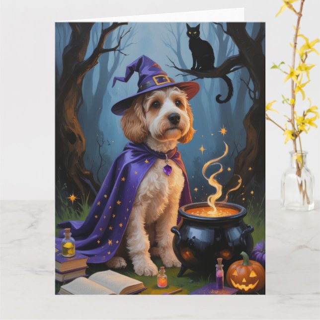 Tarjeta Pintura caprichosa de Halloween de perro Cockapoo (flor amarilla)