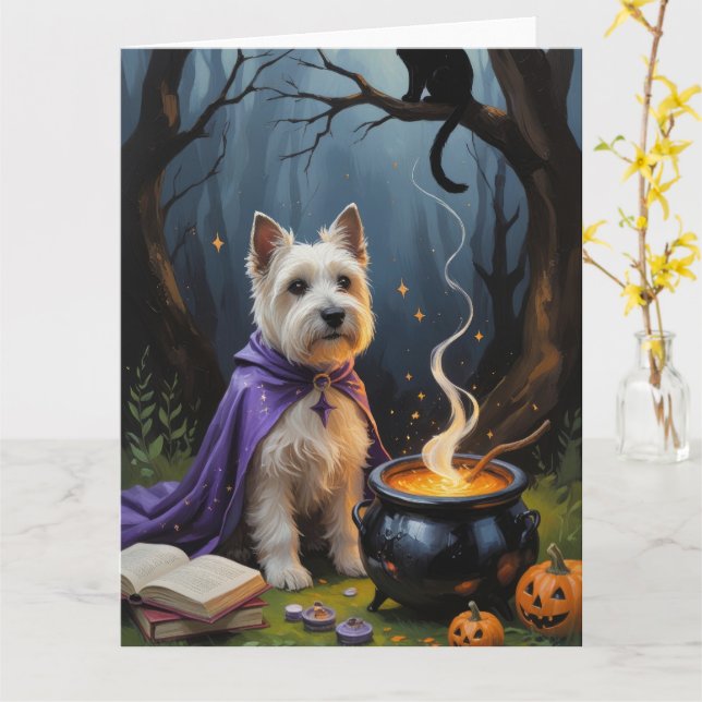 Tarjeta Pintura caprichosa de Halloween de perro terrier C (flor amarilla)
