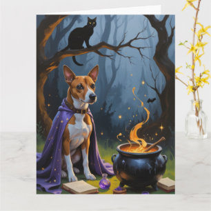 Tarjeta Pintura caprichosa de Halloween del perro Basenji