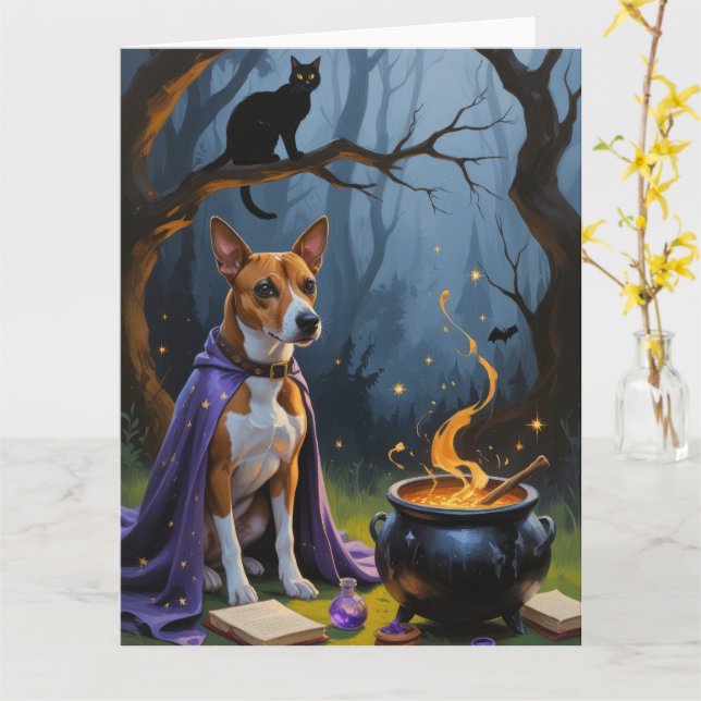 Tarjeta Pintura caprichosa de Halloween del perro Basenji (flor amarilla)