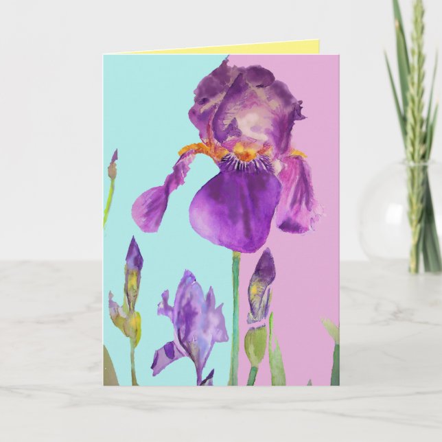 Tarjeta Pintura de Acuarela de Iris Floral Flor purpúrea a (Anverso)