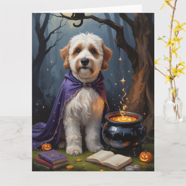 Tarjeta Pintura de Bernedoodle Dog Whimsical Halloween (flor amarilla)