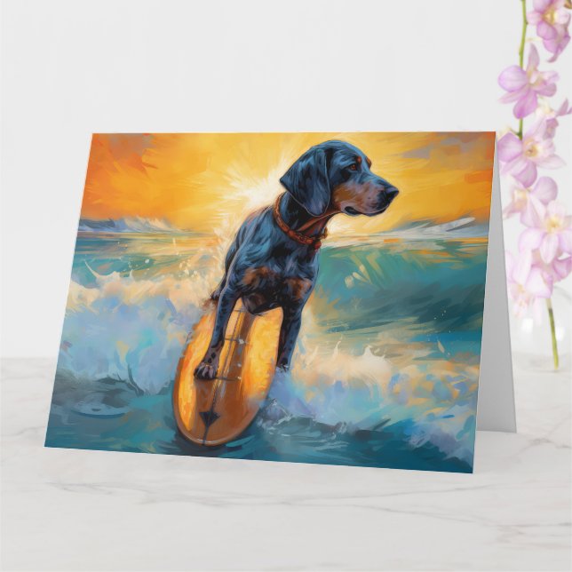 Tarjeta Pintura de Bluetick Coonhound Beach Surfing (Orquídea)