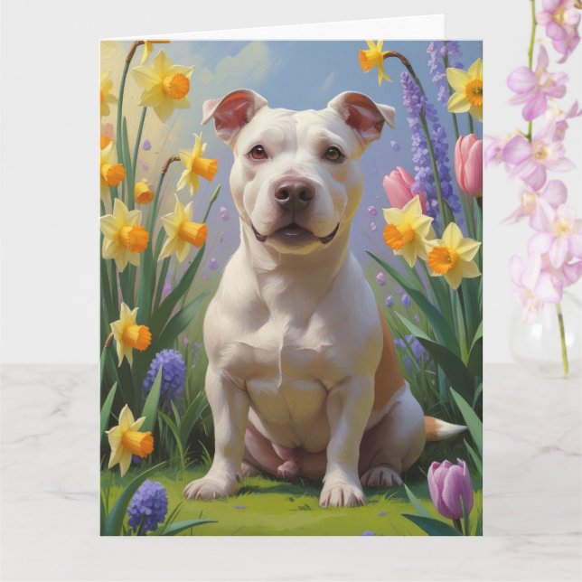 Tarjeta Pintura de Bull Terrier con flores de primavera  (Orquídea)
