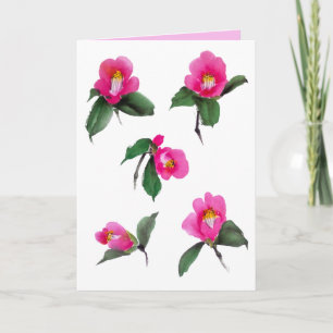 Tarjeta Pintura de camelia rosa con tinta sumie y acuarela