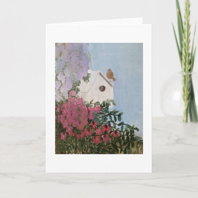 Tarjeta Pintura de Casa de Pájaros y Flores En Blanco Inte (Anverso)