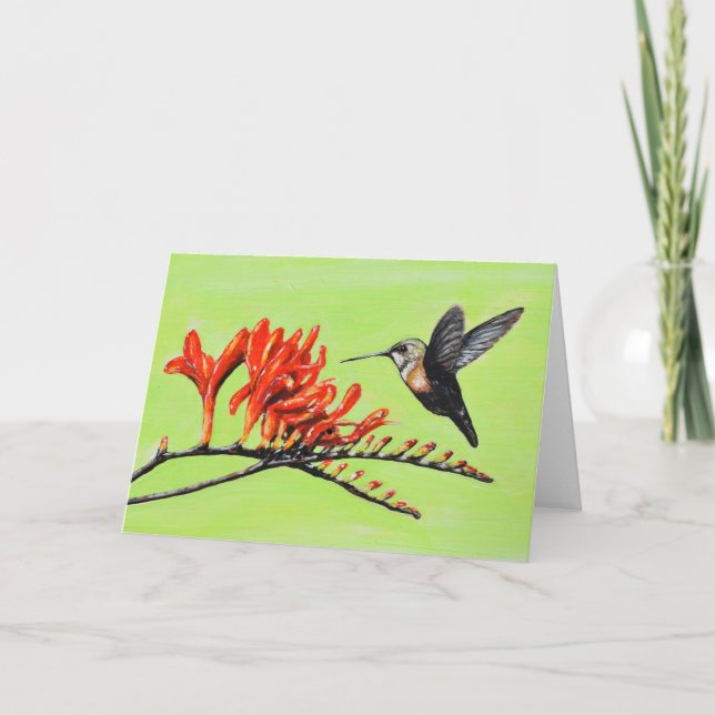 Tarjeta Pintura de colibrí y crocosmia (Anverso)