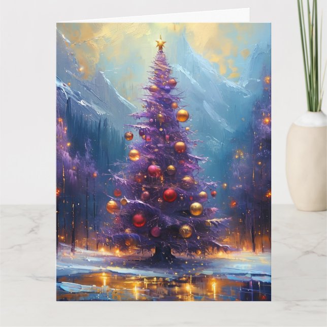 Tarjeta Pintura de ensueño de árbol de Navidad morado y do (Anverso)