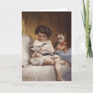 Tarjeta Pintura de época - Chica con su gatito y pipa,