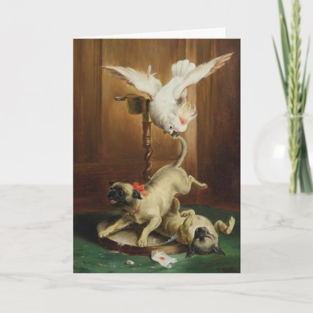 Tarjeta Pintura de época - Dos Pugs y un Cockatoo, (Anverso)