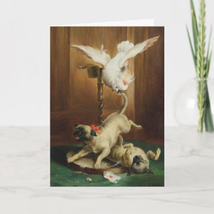 Tarjeta Pintura de época - Dos Pugs y un Cockatoo,