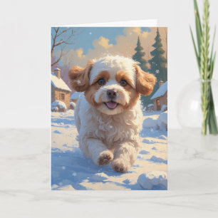 Tarjeta Pintura de escena navideña de Bichon Frise en la n