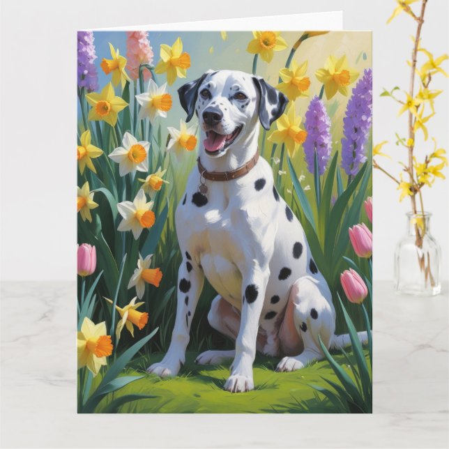 Tarjeta Pintura de flores de primavera con perro dálmata (flor amarilla)