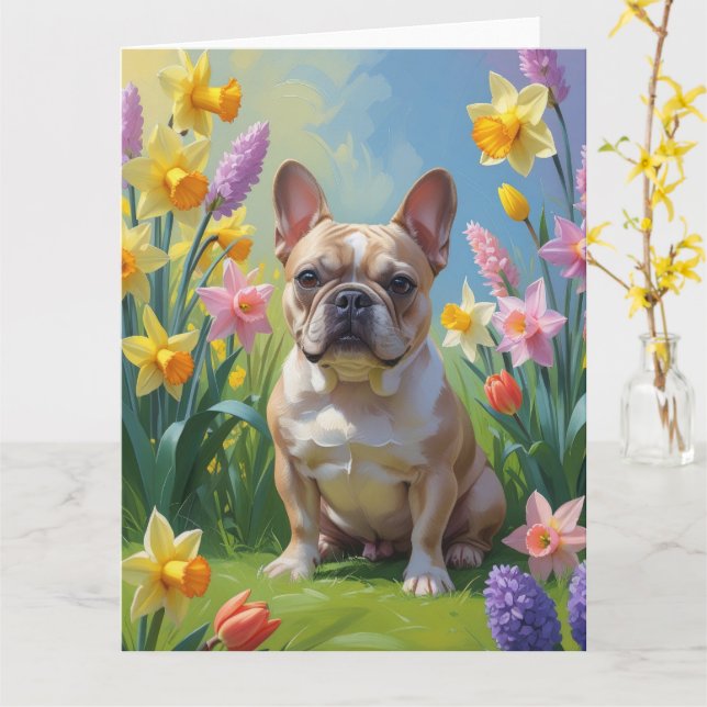 Tarjeta Pintura de flores de primavera de Bulldog Francés (flor amarilla)