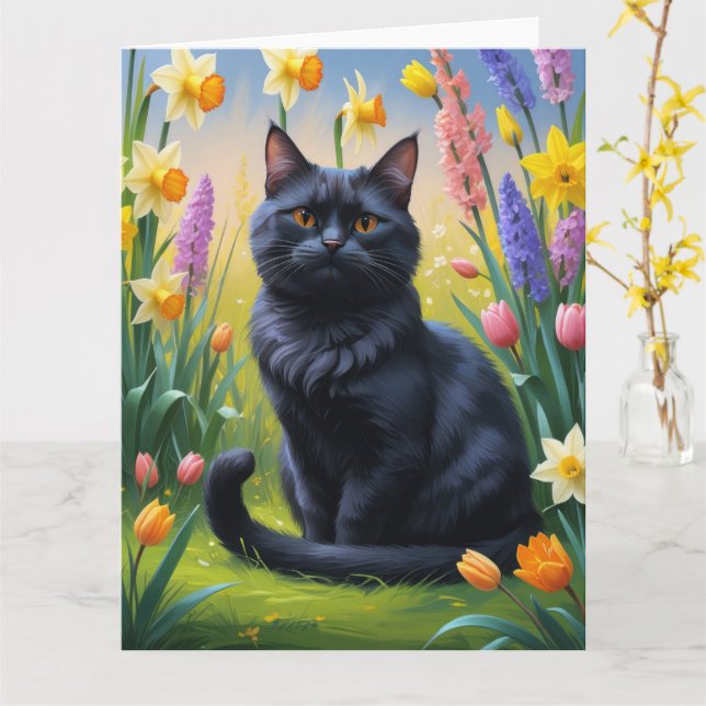 Tarjeta Pintura de flores de primavera de gato negro (flor amarilla)