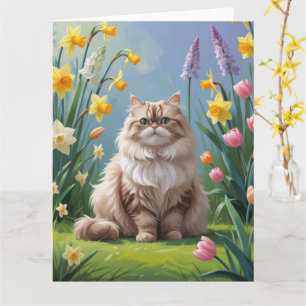 Tarjeta Pintura de flores de primavera de gato persa