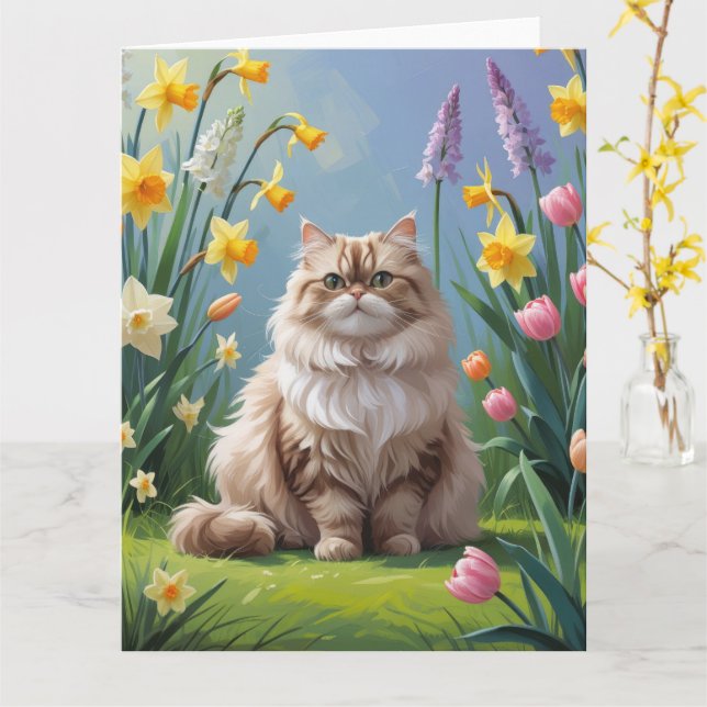 Tarjeta Pintura de flores de primavera de gato persa (flor amarilla)
