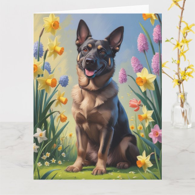 Tarjeta Pintura de flores de primavera de Malinois belga (flor amarilla)