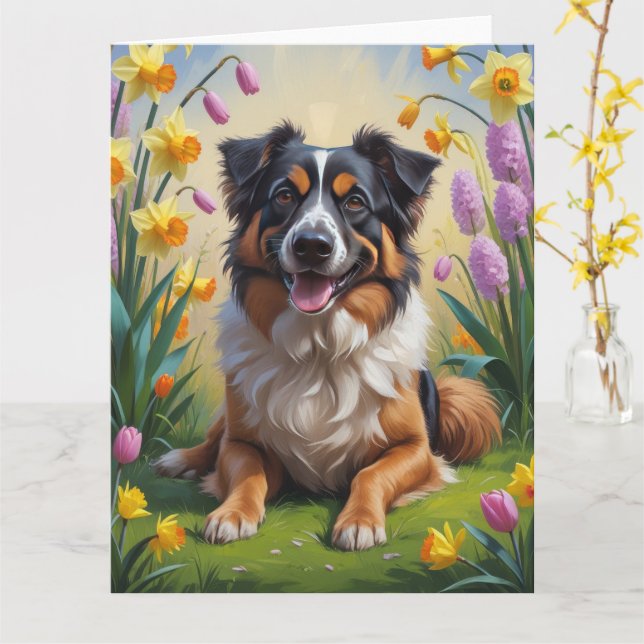 Tarjeta Pintura de flores de primavera de pastor belga (flor amarilla)