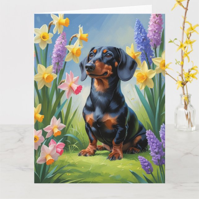 Tarjeta Pintura de flores de primavera de perro dachshund (flor amarilla)
