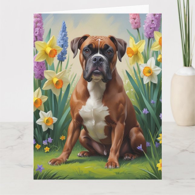 Tarjeta Pintura de flores de primavera de perro de boxer (Anverso)