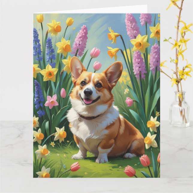 Tarjeta Pintura de flores de primavera de perro de Corgi (flor amarilla)