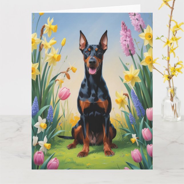 Tarjeta Pintura de flores de primavera de perro de Doberma (flor amarilla)
