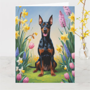 Tarjeta Pintura de flores de primavera de perro Doberman
