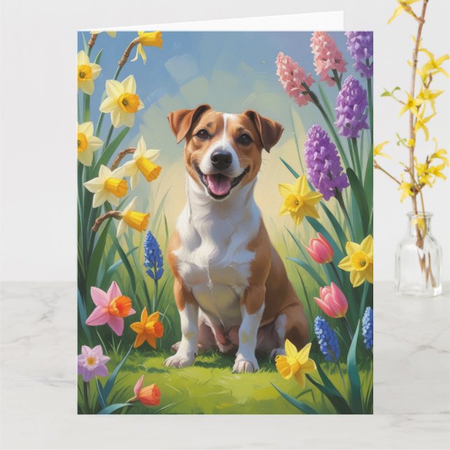 Tarjeta Pintura de flores de primavera de perro Jack Russe (flor amarilla)