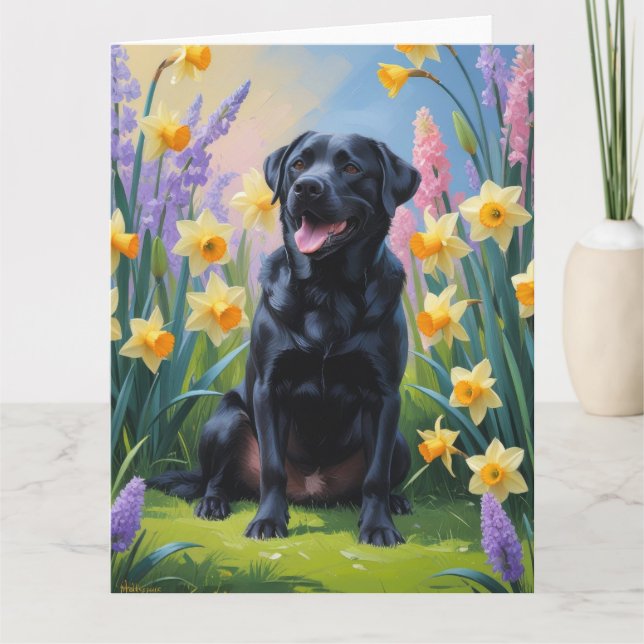 Tarjeta Pintura de flores de primavera de perro Labrador n (Anverso)