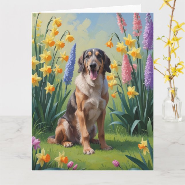 Tarjeta Pintura de flores de primavera de perro lobo irlan (flor amarilla)