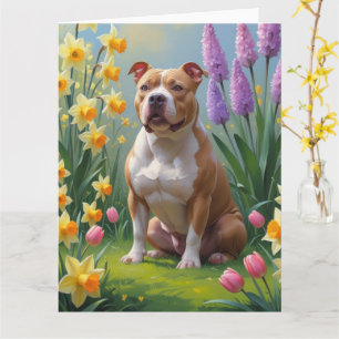 Tarjeta Pintura de flores de primavera de perro Pitbull