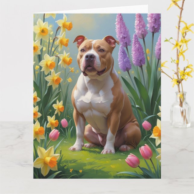 Tarjeta Pintura de flores de primavera de perro Pitbull  (flor amarilla)