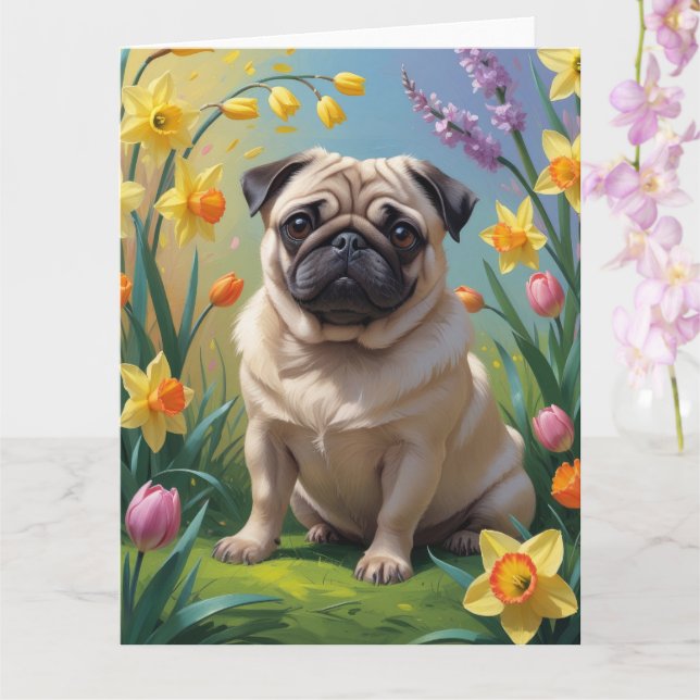 Tarjeta Pintura de flores de primavera de perro Pug (Orquídea)