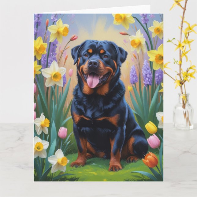 Tarjeta Pintura de flores de primavera de perro Rottweiler (flor amarilla)