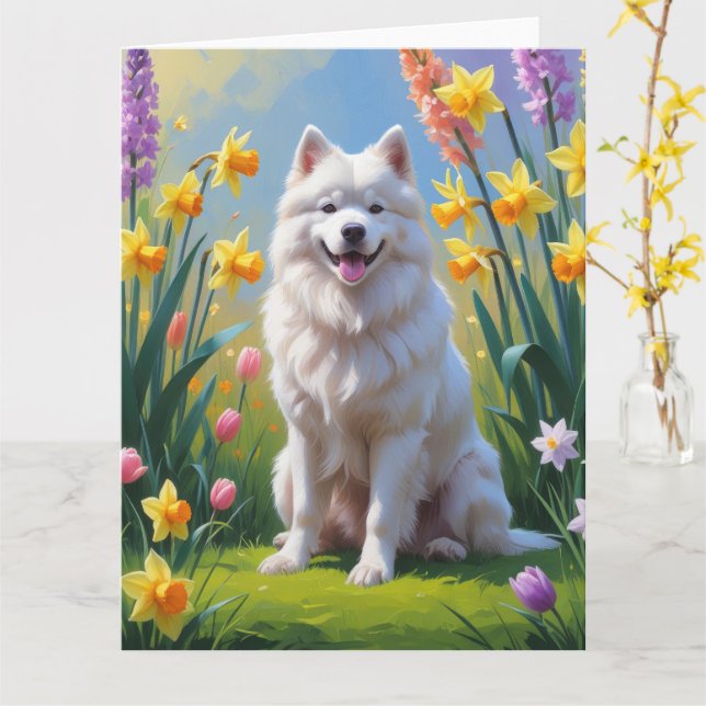 Tarjeta Pintura de flores de primavera de perro Samoyedo (flor amarilla)
