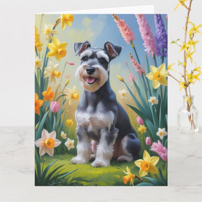 Tarjeta Pintura de flores de primavera de perro Schnauzer (flor amarilla)