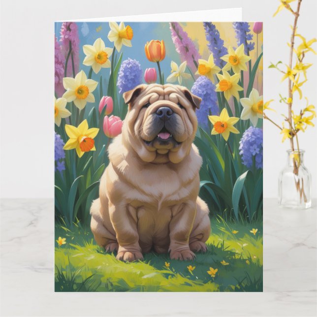Tarjeta Pintura de flores de primavera de perro Shar Pei (flor amarilla)