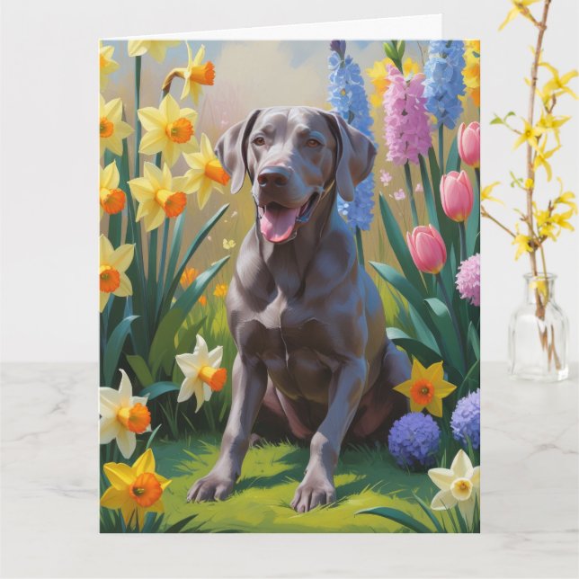 Tarjeta Pintura de flores de primavera de perro Weimaraner (flor amarilla)