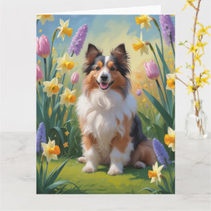 Tarjeta Pintura de flores de primavera de Shetland Sheepdo