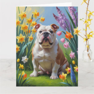 Tarjeta Pintura de flores de primavera del Bulldog