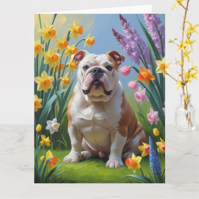 Tarjeta Pintura de flores de primavera del Bulldog (flor amarilla)