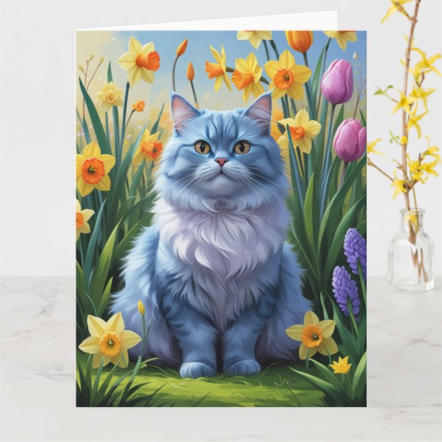 Tarjeta Pintura de flores de primavera del gato azul orien (flor amarilla)