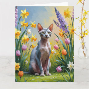 Tarjeta Pintura de flores de primavera del gato Sphynx