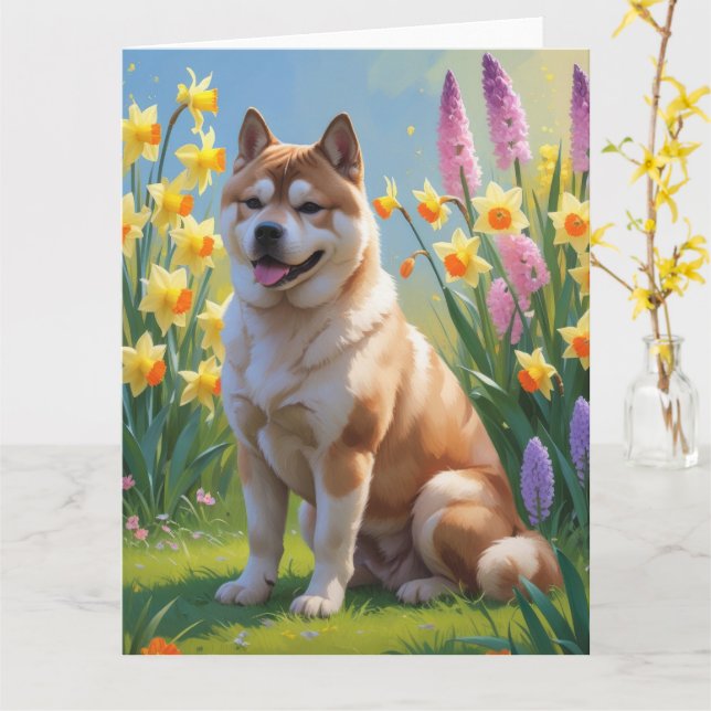 Tarjeta Pintura de flores de primavera del perro Akita (flor amarilla)